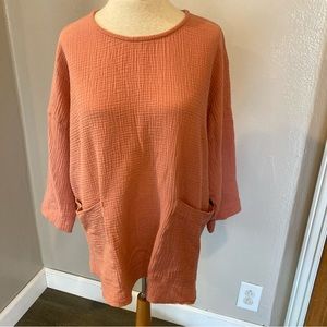 Women's Rust Orange Textured Tunic Blouse with Pockets